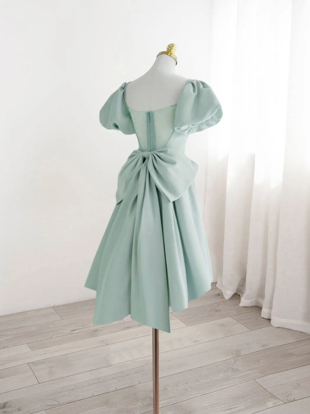 A-Line Green Puffy Sleeve Short Prom Dress, Green Formal Dress