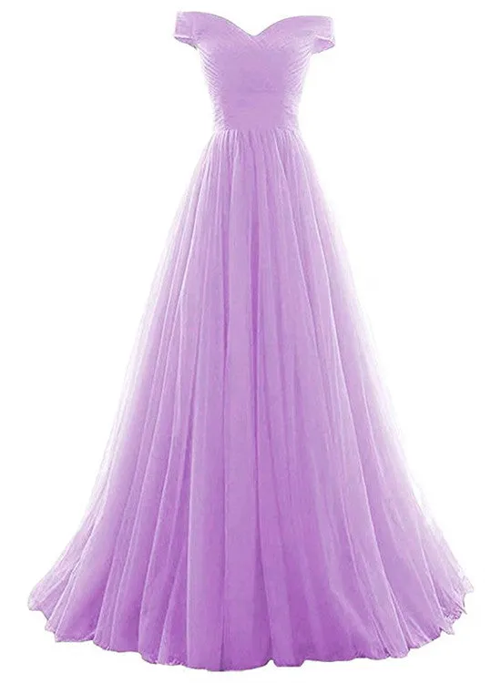 Beautiful Lavender Tulle Off Shoulder Long Formal Dress, Beautiful Party Gowns