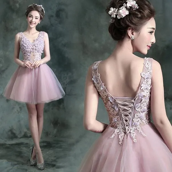 beautiful V-neck Homecoming Dress Sleeveless Short With Flowers