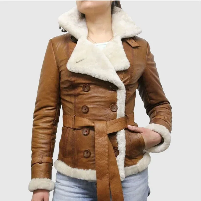 Best Genuine Brown pilot aviator genuine shearling leather jacket for women