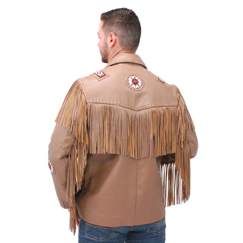 Best Genuine Style Western Brown Leather Jacket Fringe & Bone Beading