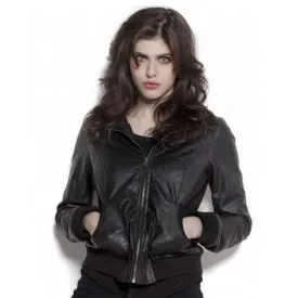 Best Looking Aviator Vintage Biker Alexandra Daddario Black Leather Jacket