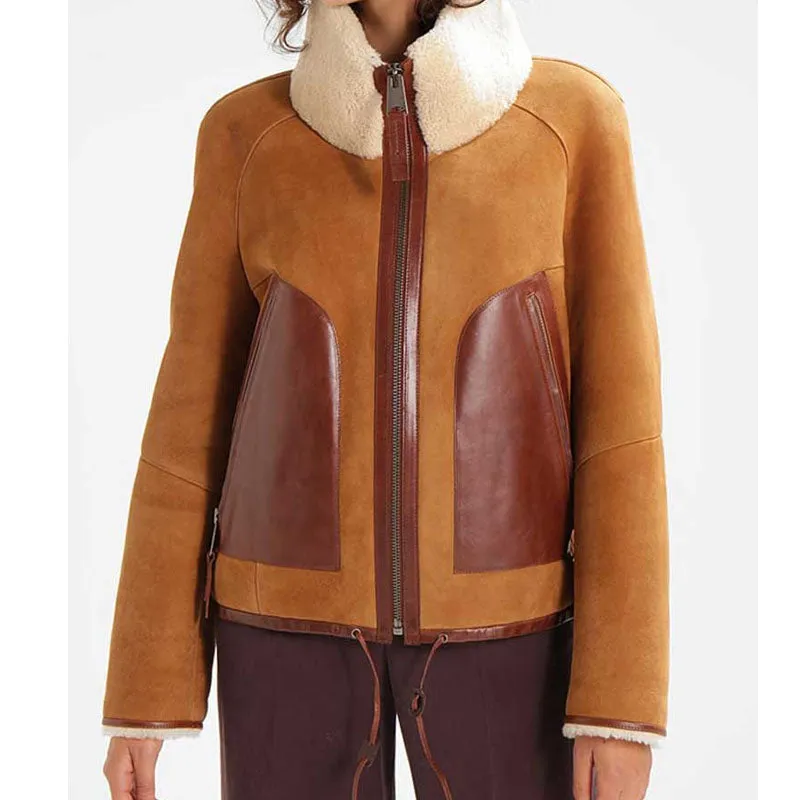 Best Style Winter Sheepskin Alicia Brown Suede Leather Shearling Jacket