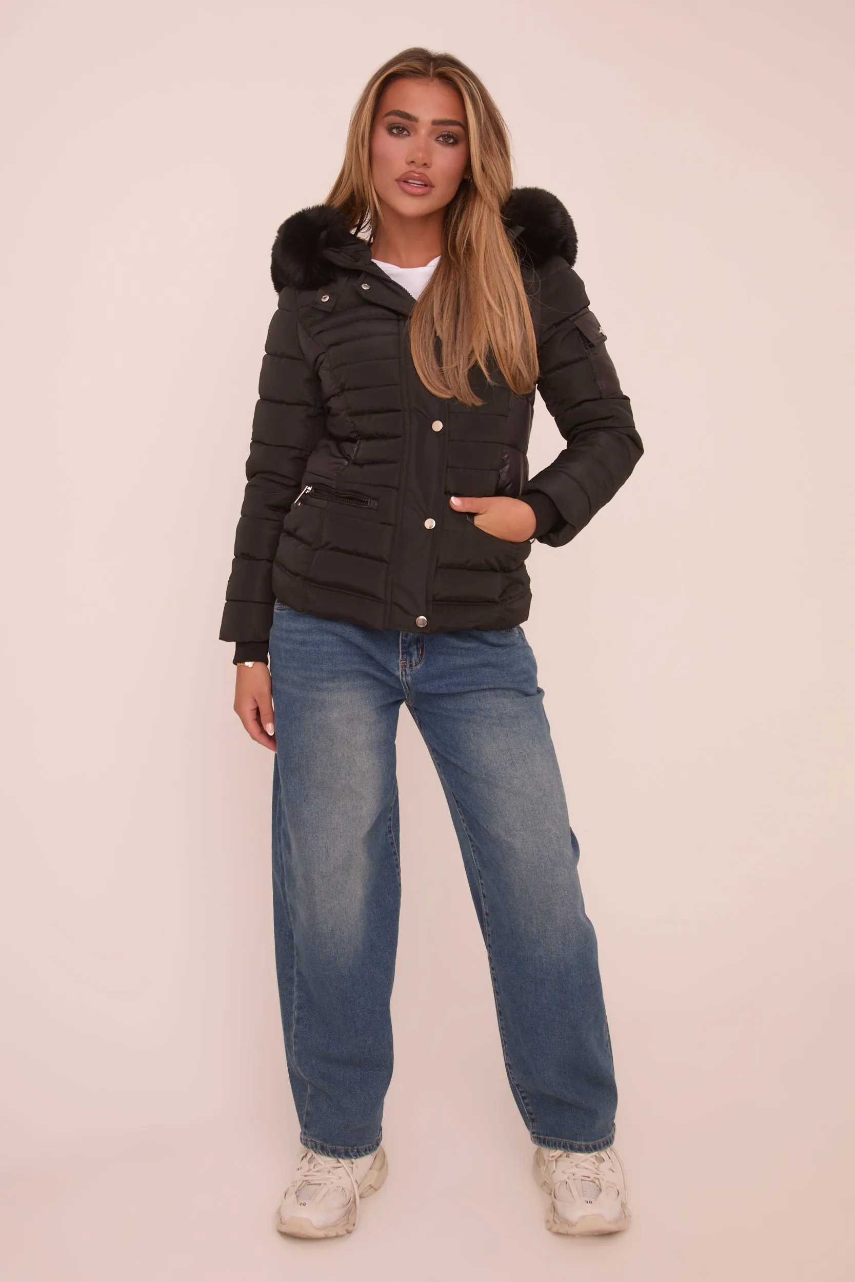 Black Faux Fur Hooded Puffer Jacket - Glory