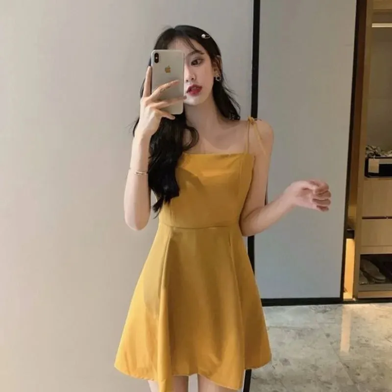 Black Spaghetti Strap Slip Dress Summer Sundresses Korean Fashion Style Off Shoulder Dress Backless Mini Party Dress