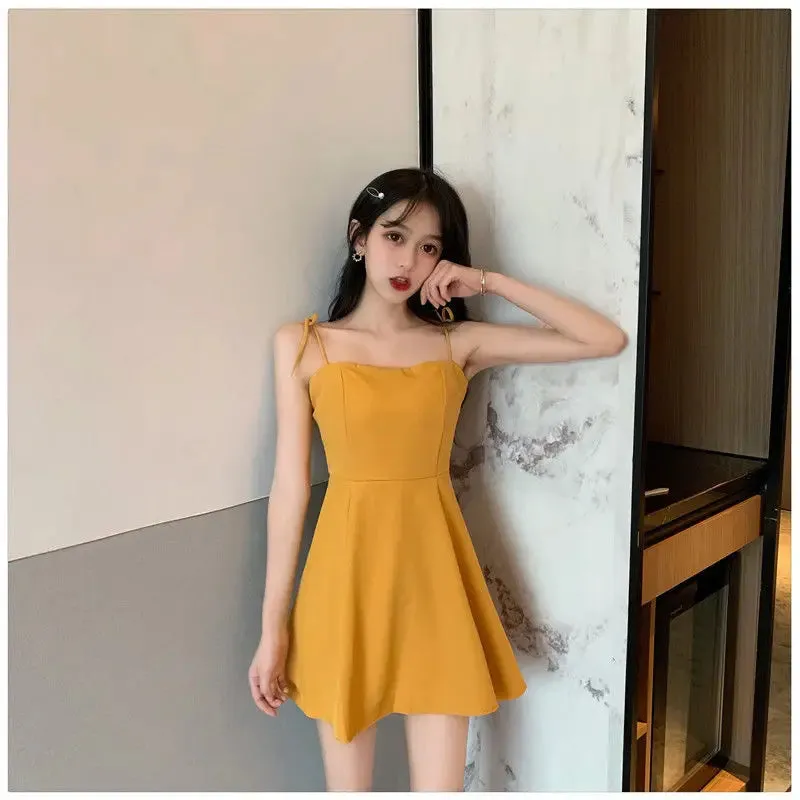 Black Spaghetti Strap Slip Dress Summer Sundresses Korean Fashion Style Off Shoulder Dress Backless Mini Party Dress