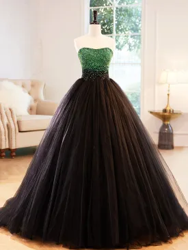 Black Strapless Tulle Long Prom Dress with Green Beaded A-Line Formal Dress