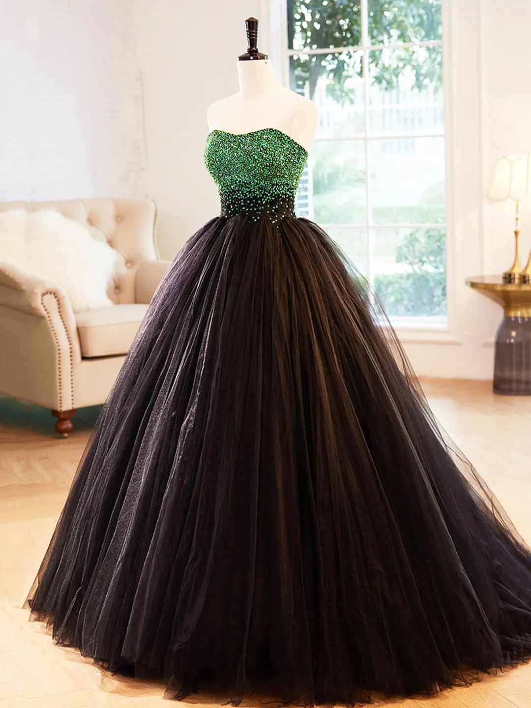 Black Strapless Tulle Long Prom Dress with Green Beaded A-Line Formal Dress