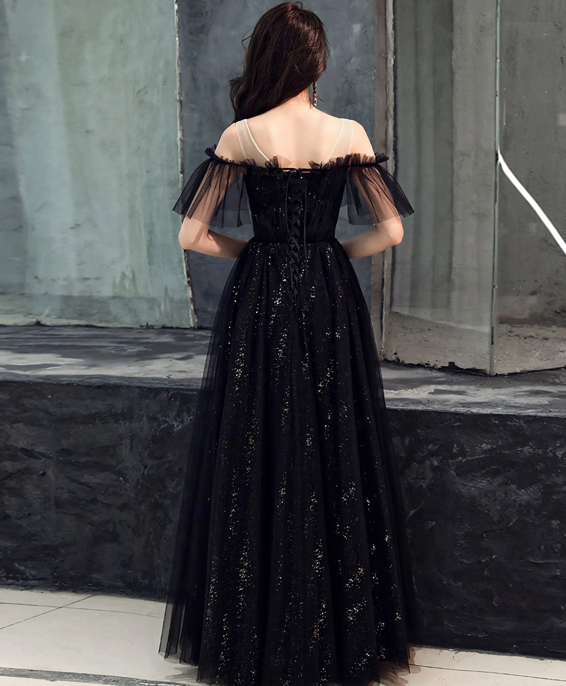 Black Tulle Off Shoulder Long Prom Dress, Black Formal Dress