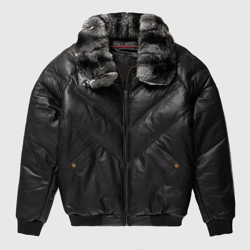 Buy Genuine Black Leather Chinchilla Collar V Bomber Jacket For Sale