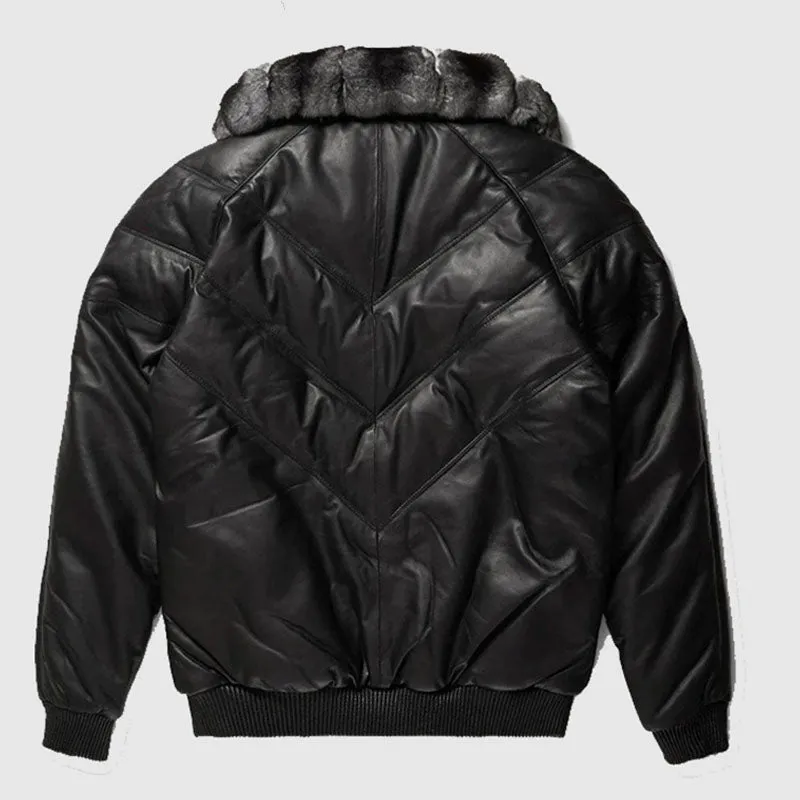 Buy Genuine Black Leather Chinchilla Collar V Bomber Jacket For Sale