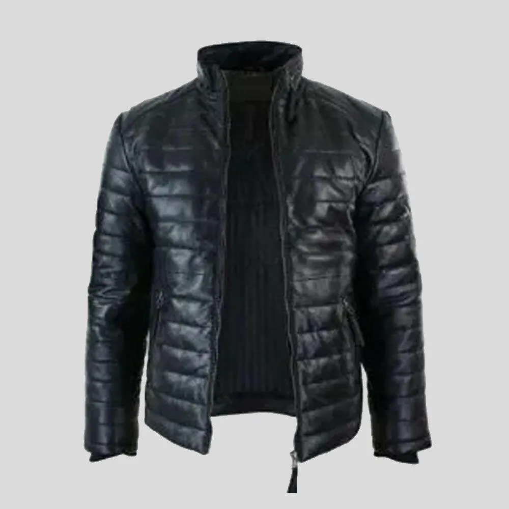 Buy Mens Real Black Leather Genuine Quilted Puffer Zipped Style Jacket