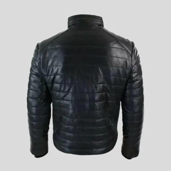 Buy Mens Real Black Leather Genuine Quilted Puffer Zipped Style Jacket