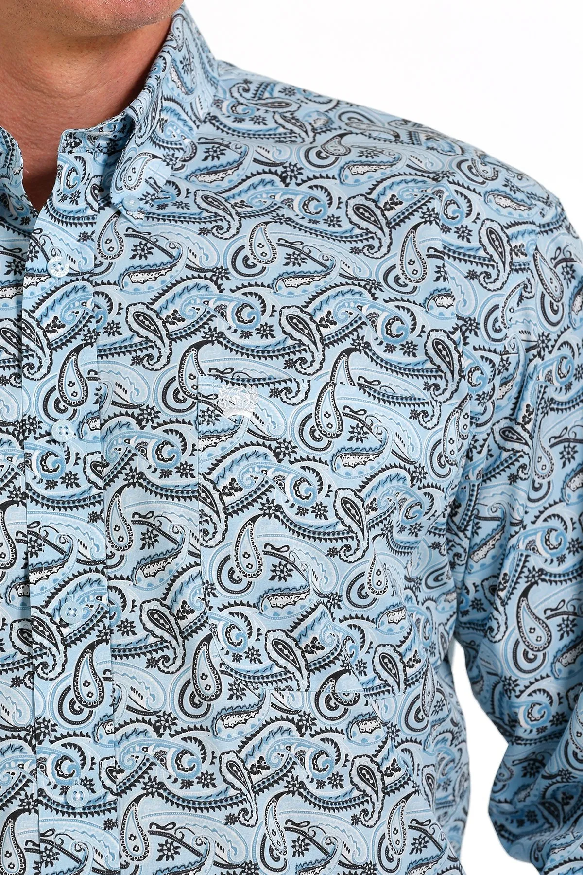 Cinch Mens Paisley Print Button Down Shirt - Light Blue/Black/White - MTW1105601