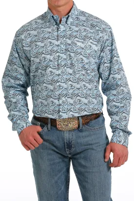 Cinch Mens Paisley Print Button Down Shirt - Light Blue/Black/White - MTW1105601