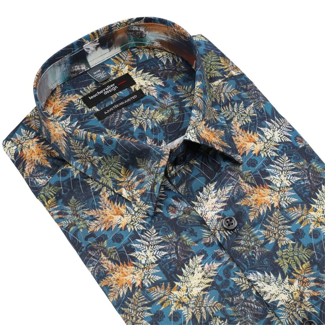 Classic Blue Floral Print Men's Casual Long Sleeve Slim Shirt