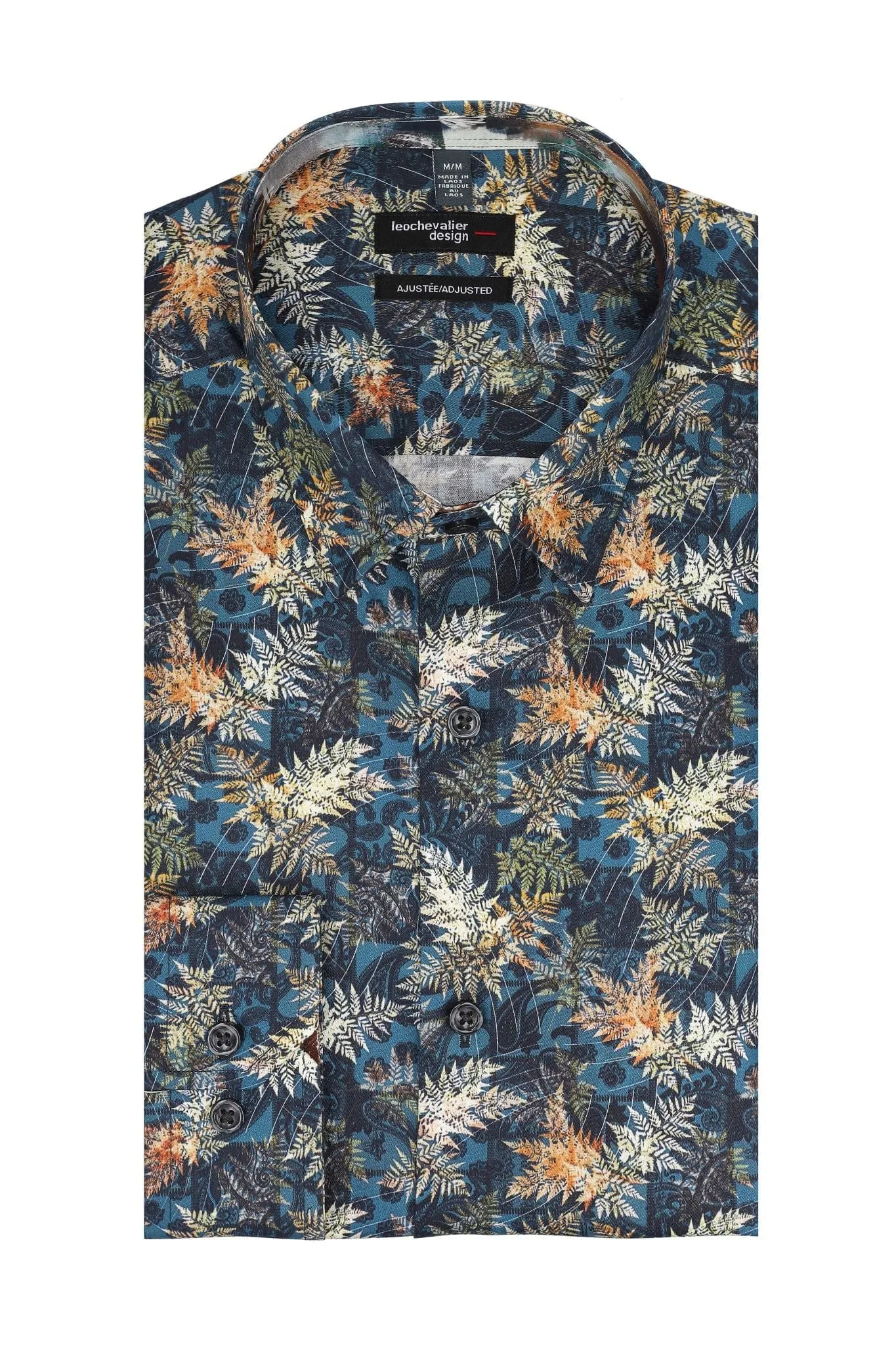 Classic Blue Floral Print Men's Casual Long Sleeve Slim Shirt