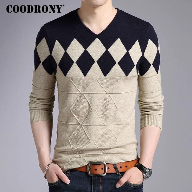 COODRONY Cashmere Wool Sweater Men 2018 Autumn Winter Slim Fit Pullovers Men Argyle Pattern V-Neck Pull Homme Christmas Sweaters