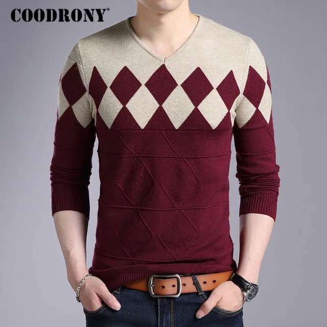 COODRONY Cashmere Wool Sweater Men 2018 Autumn Winter Slim Fit Pullovers Men Argyle Pattern V-Neck Pull Homme Christmas Sweaters