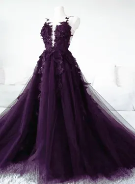 Dark Purple Tulle With Lace Applique Long Wedding Party Dress Purple Formal Dress