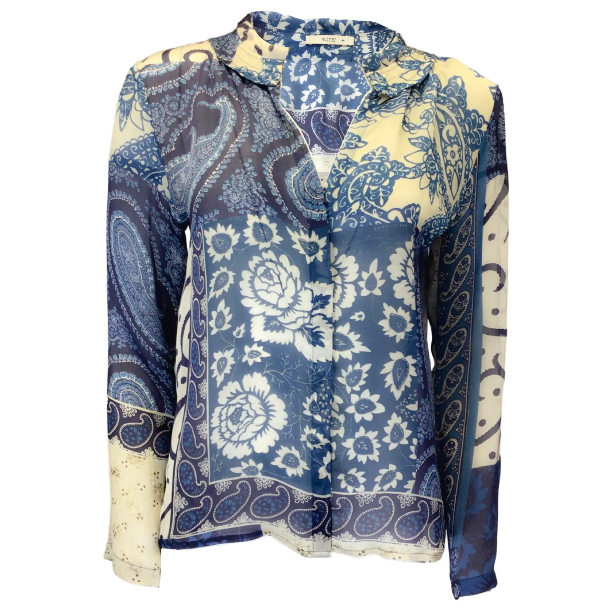 Etro Blue / Ivory Printed Long Sleeved Sheer Silk Blouse