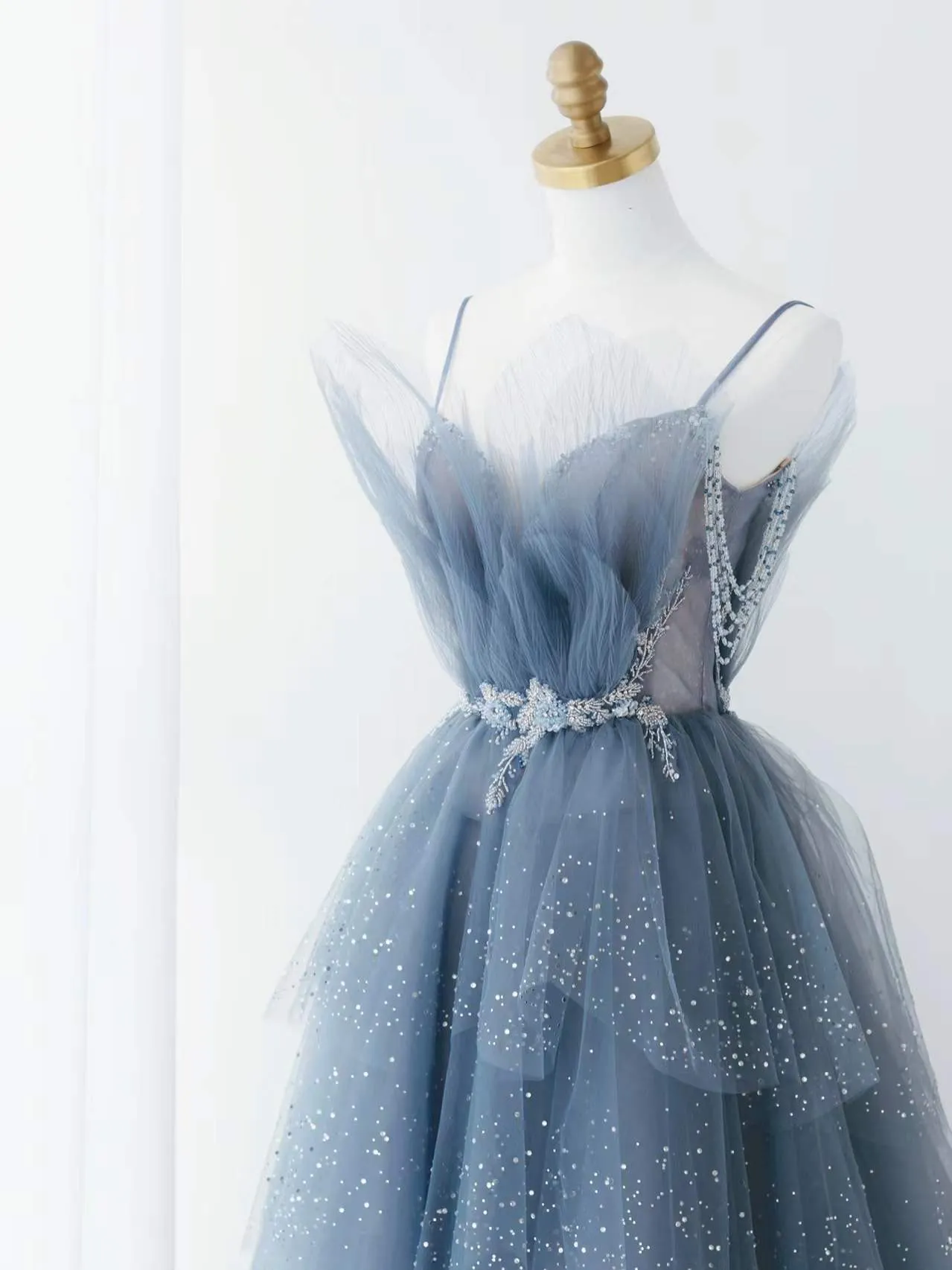 Gorgeous Blue Sparkly Tulle Beaded Prom Dress, Tiered Formal Gown with Rhinestone