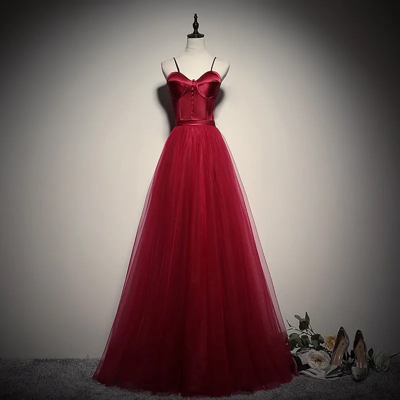 Gorgeous Dark Red Straps Tulle Long Party Dress, A-line Formal Dress