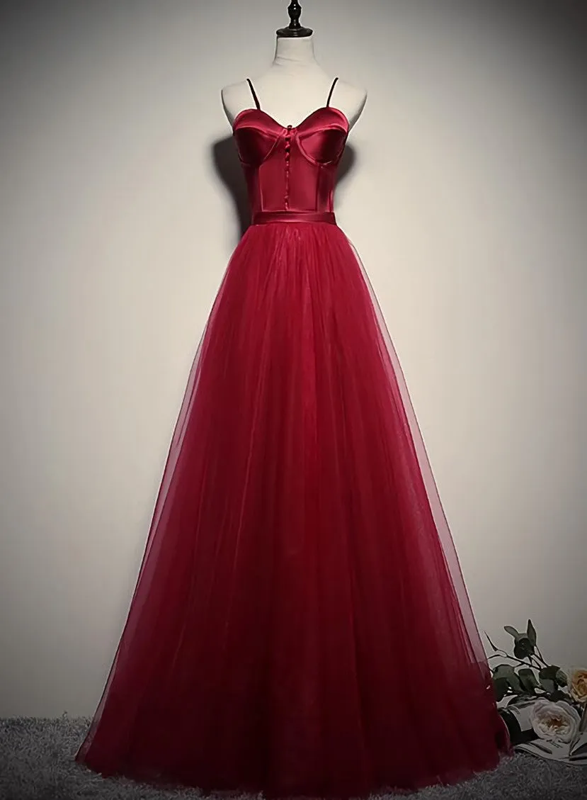 Gorgeous Dark Red Straps Tulle Long Party Dress, A-line Formal Dress