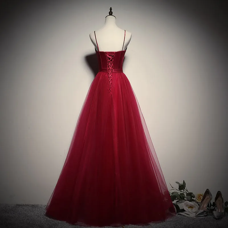 Gorgeous Dark Red Straps Tulle Long Party Dress, A-line Formal Dress