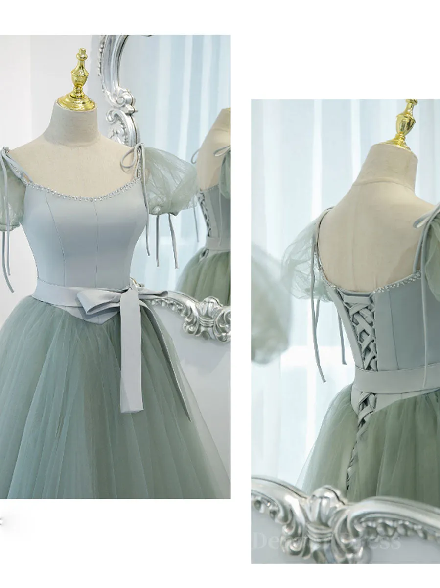 Gray Green A-Line Tulle Long Prom Dress Gray Green Formal Dress