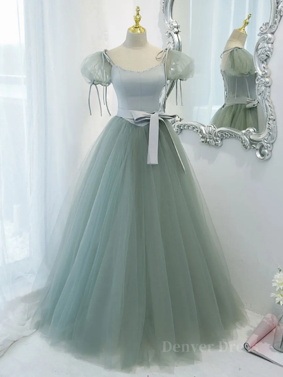 Gray Green A-Line Tulle Long Prom Dress Gray Green Formal Dress