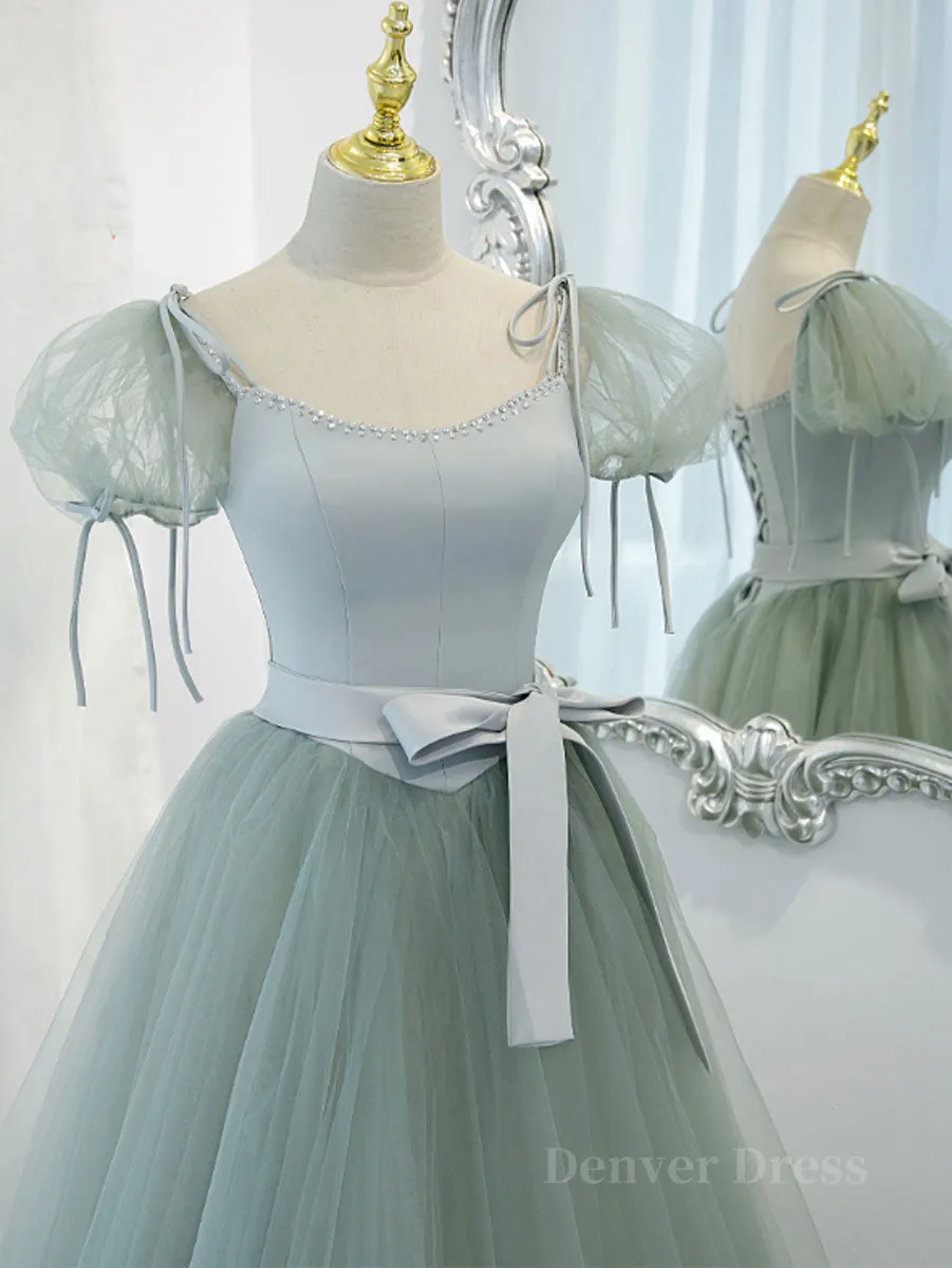 Gray Green A-Line Tulle Long Prom Dress Gray Green Formal Dress