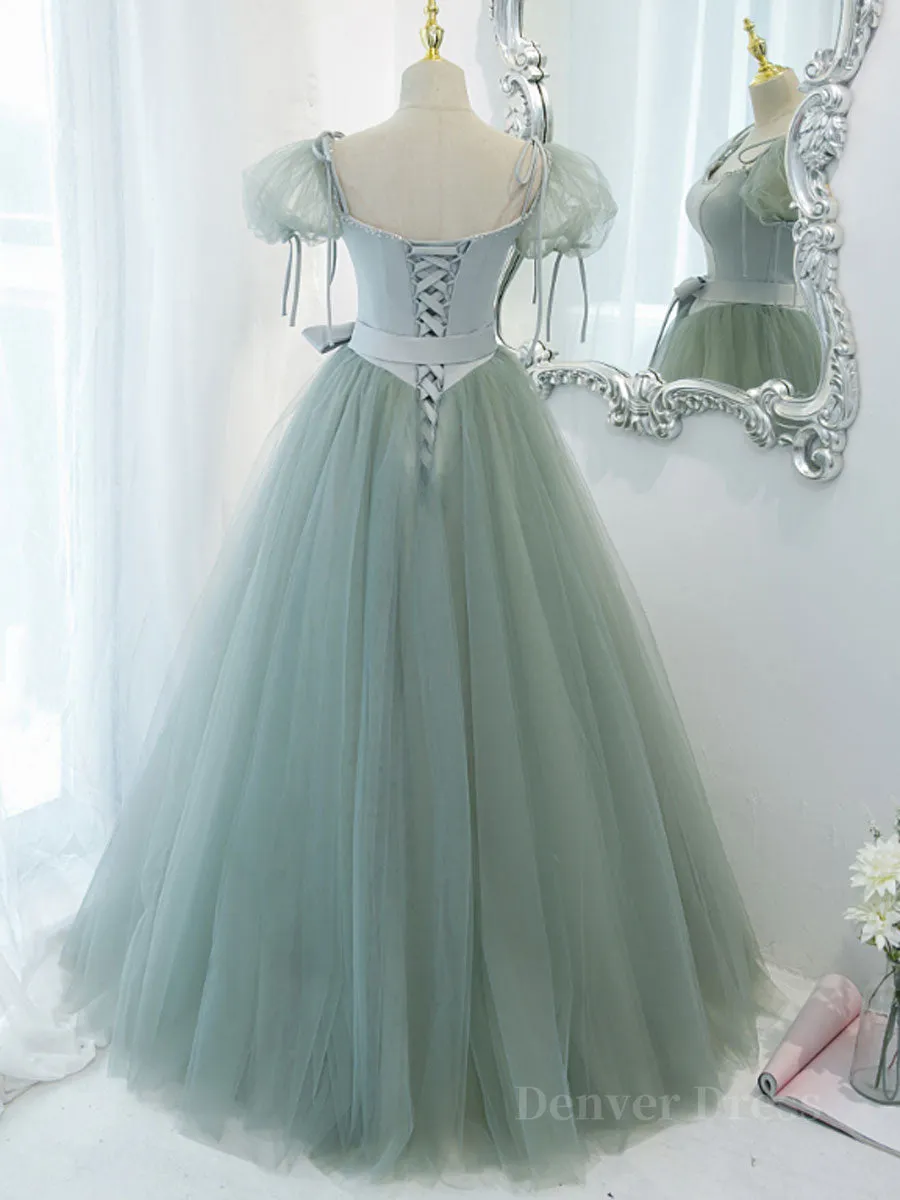 Gray Green A-Line Tulle Long Prom Dress Gray Green Formal Dress