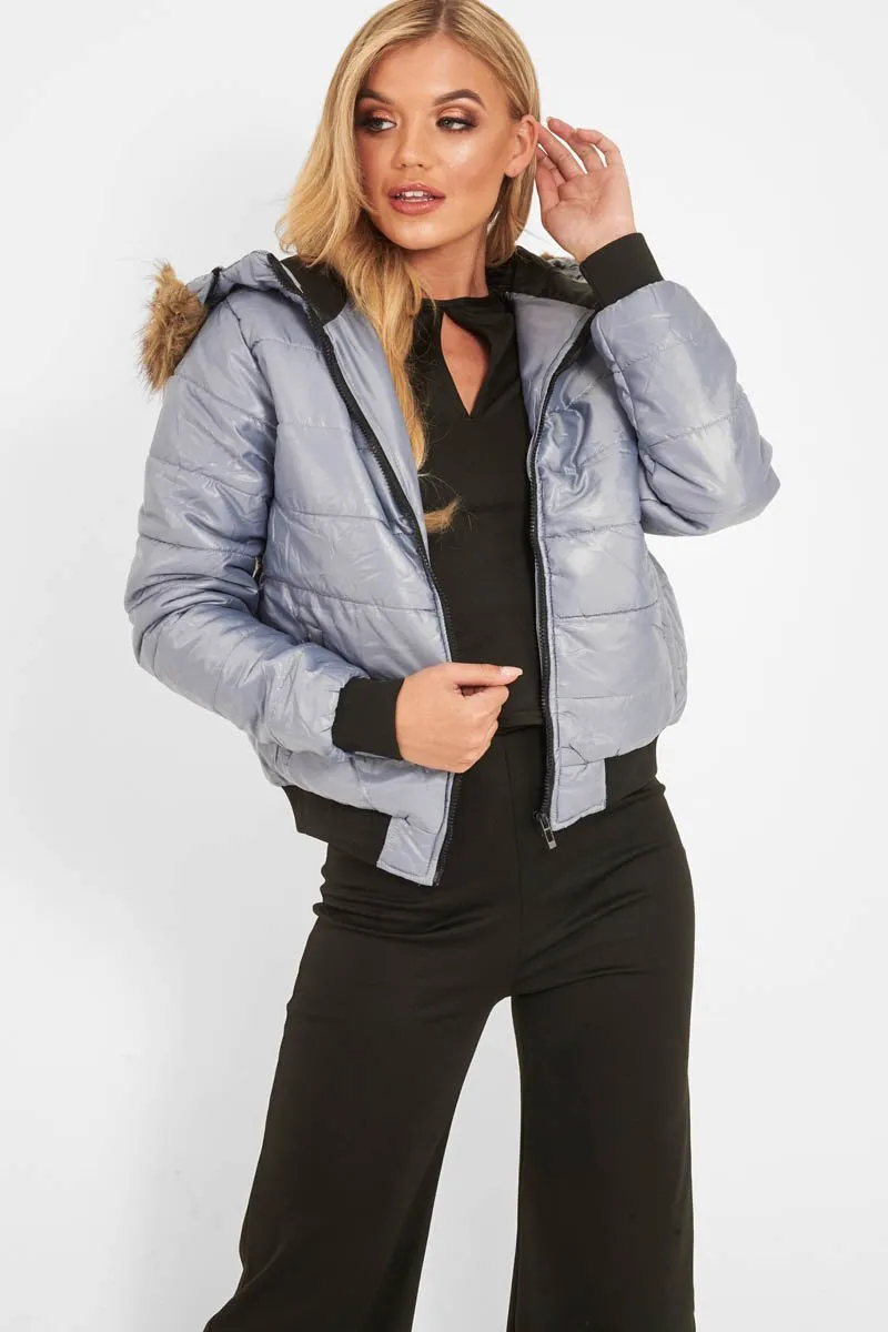 Grey Faux Fur Hooded Puffer Coat - Kamorah