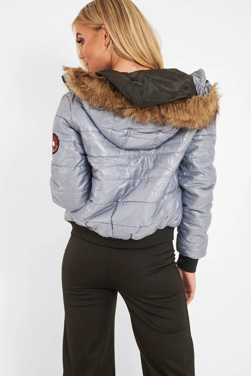 Grey Faux Fur Hooded Puffer Coat - Kamorah