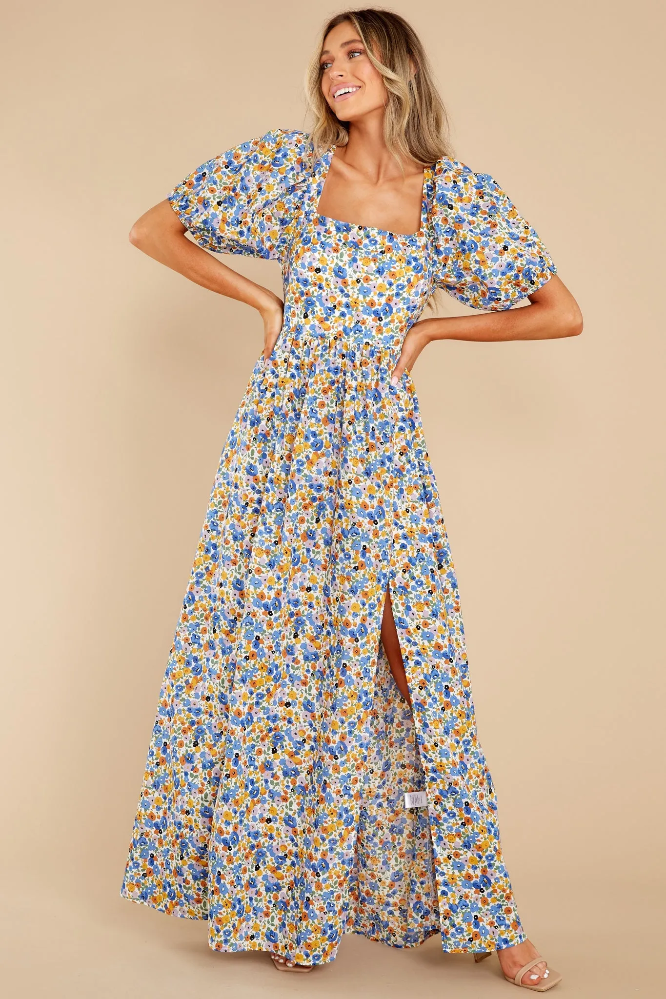 Have A Field Day Blue Floral Print Cotton Maxi Dress