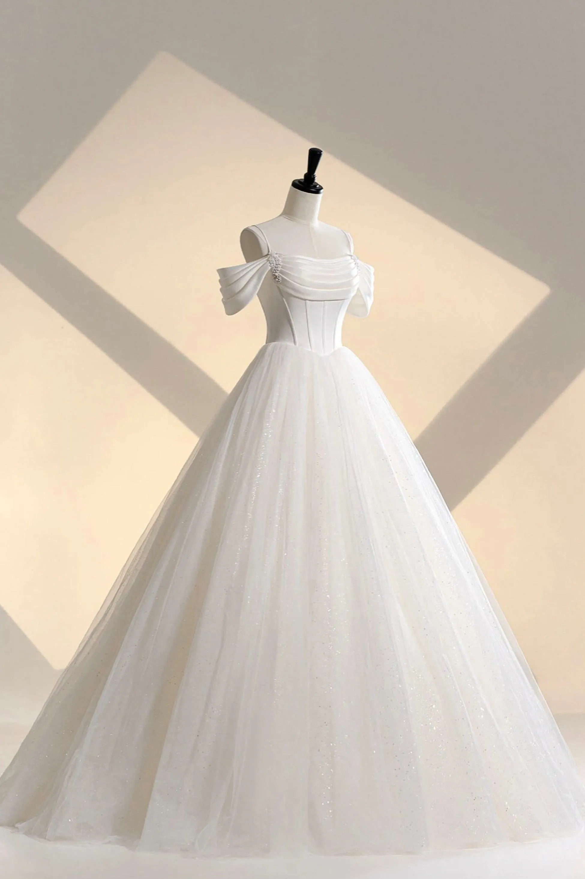 Ivory Tulle Off the Shoulder Formal Gown Elegant A-Line Wedding Dress