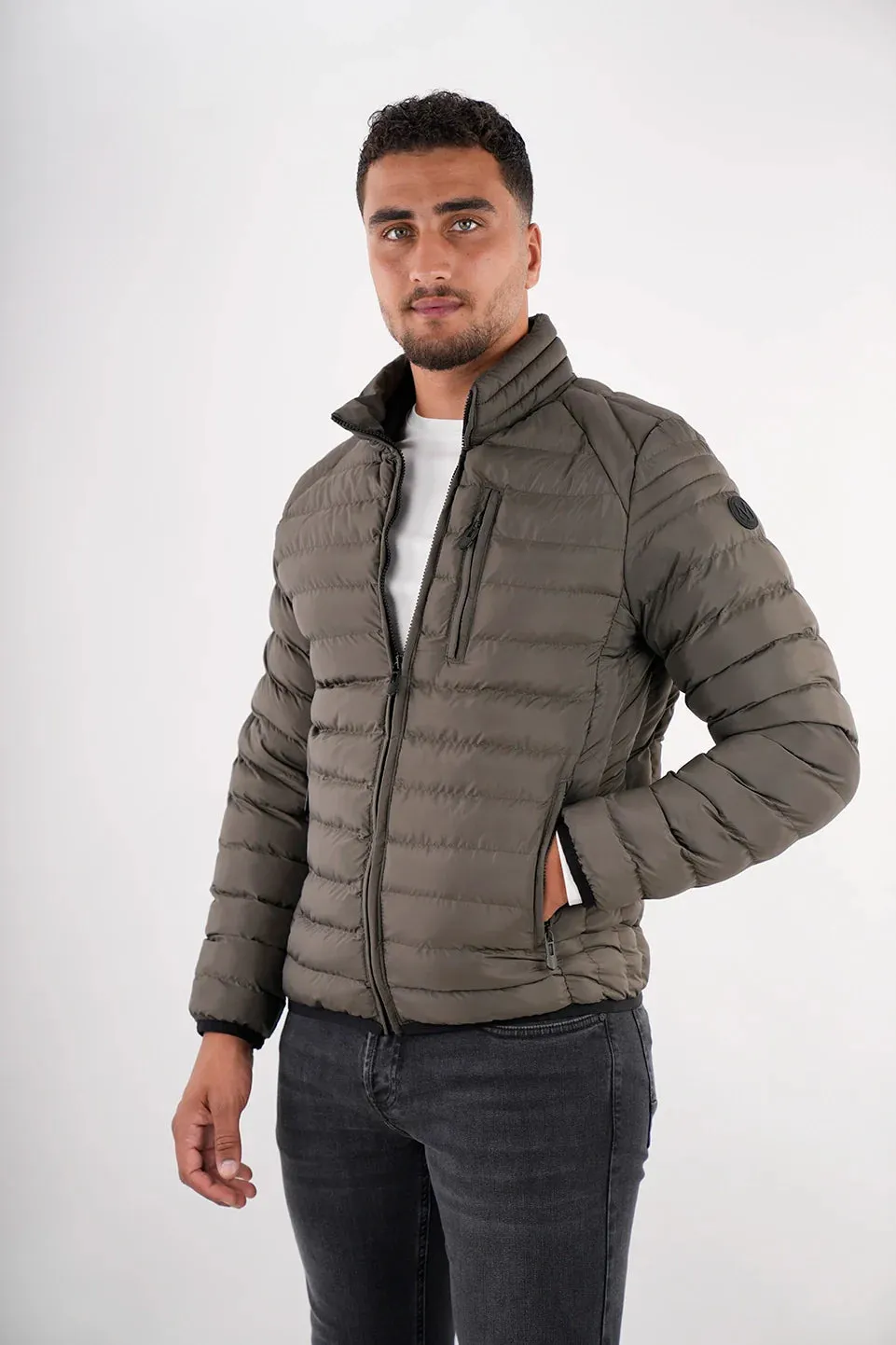 Khaki Puffer Jacket With Zipper Design