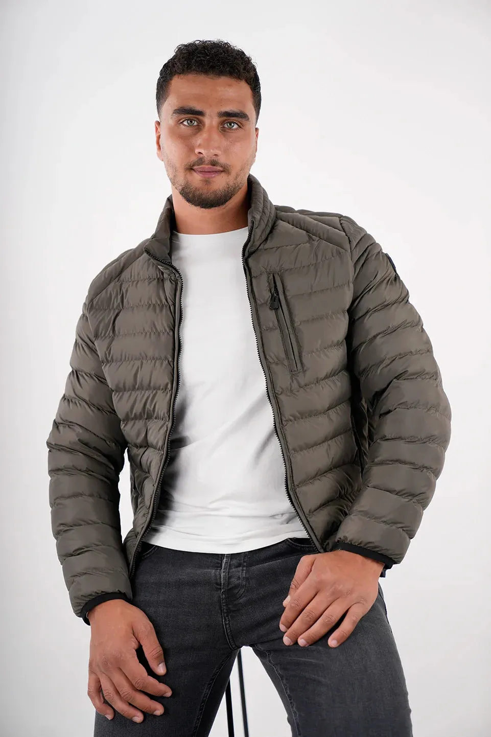 Khaki Puffer Jacket With Zipper Design