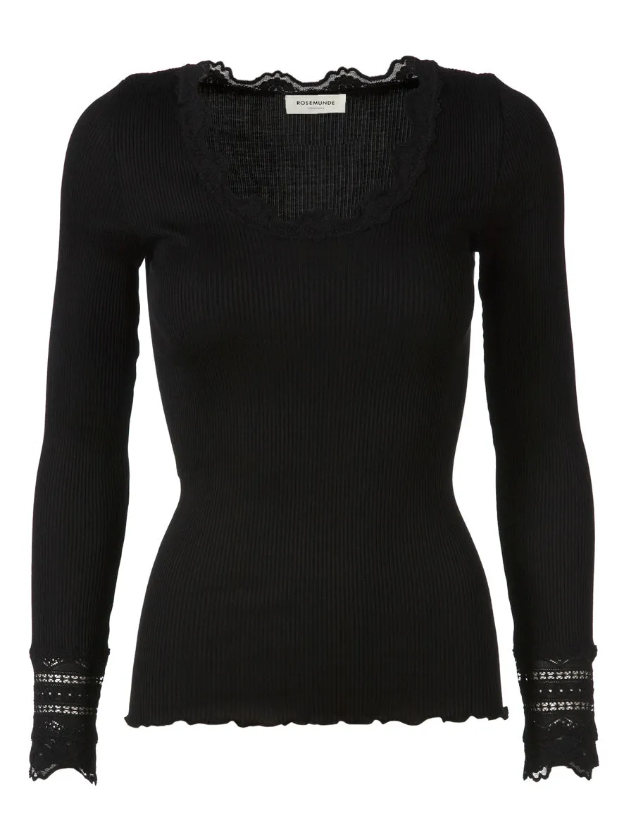 Long-Sleeve Silk Lace Top - Black