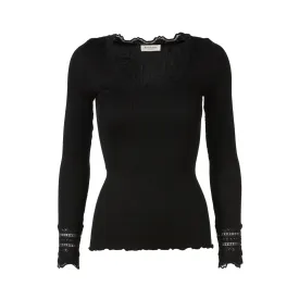 Long-Sleeve Silk Lace Top - Black