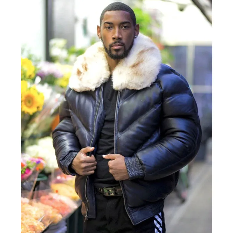 Men V Bomber Jacket Navy Blue Leather Off White Fur Jacket For Sale