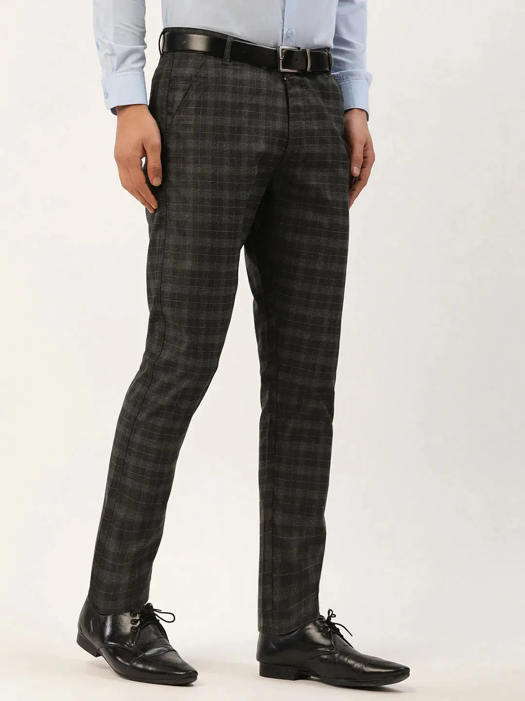 Men'S Black Tartan Checked Formal Trousers