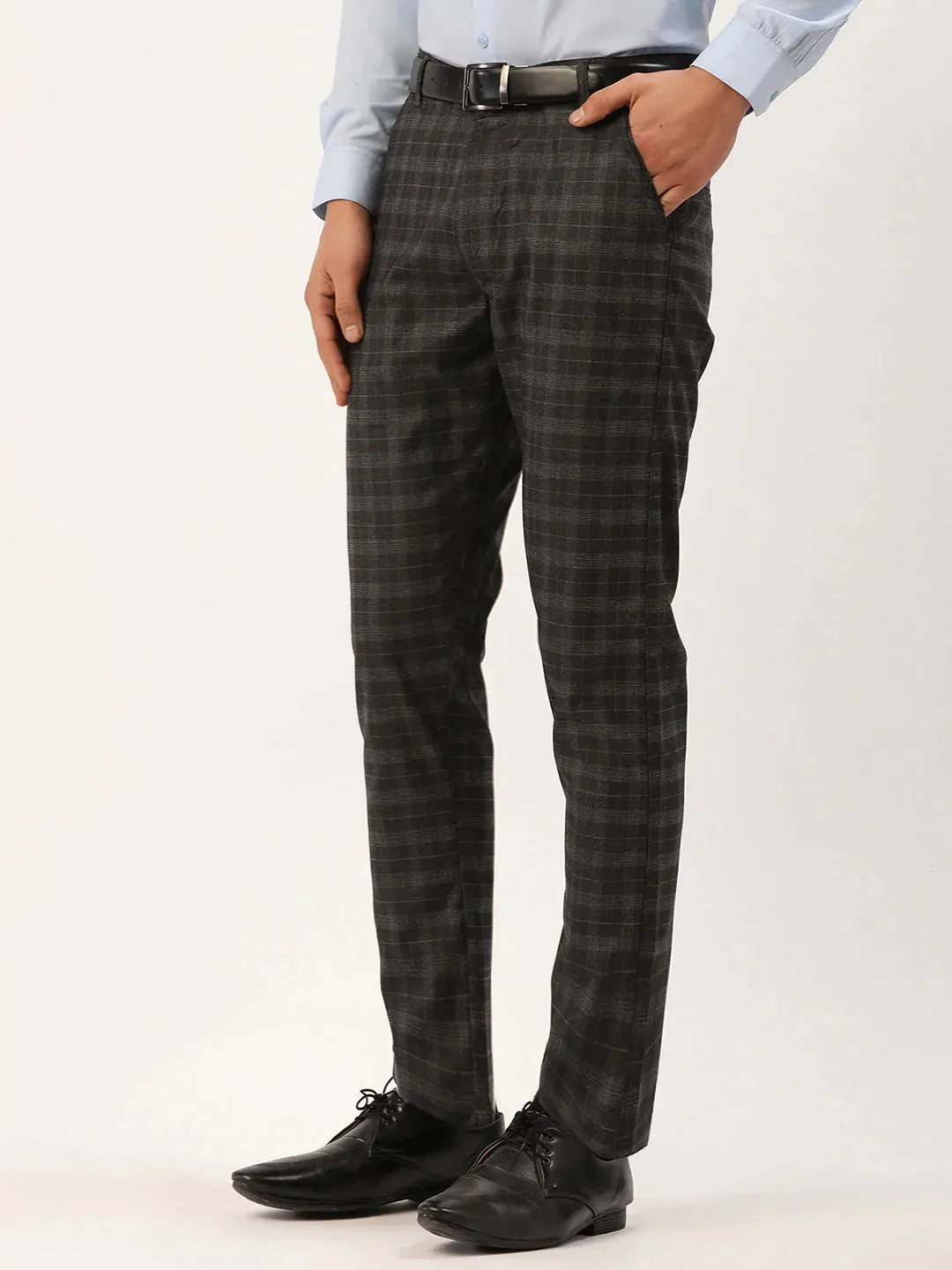 Men'S Black Tartan Checked Formal Trousers