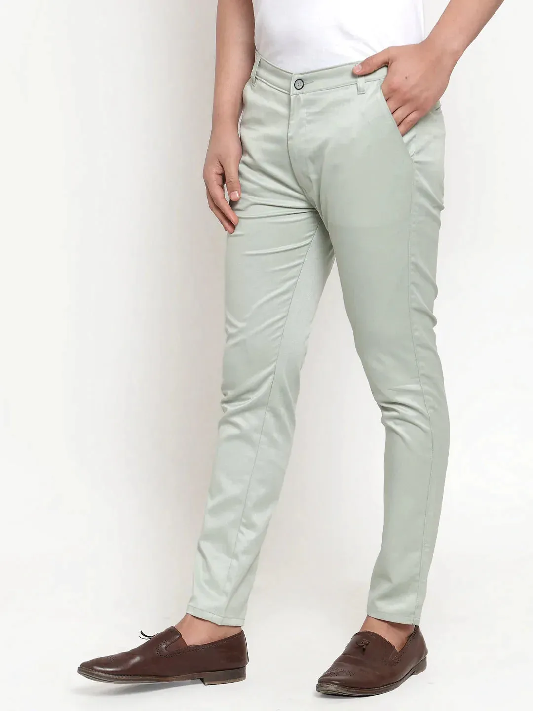 Men'S Green Solid Formal Trousers