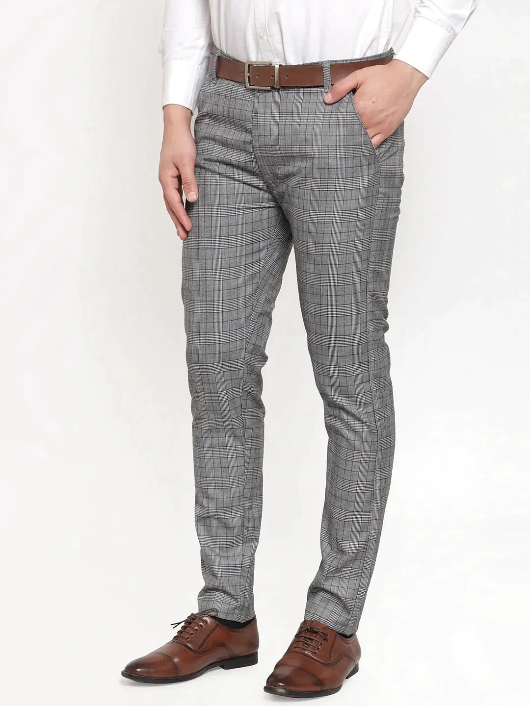 Men'S Grey Checked Formal Trousers