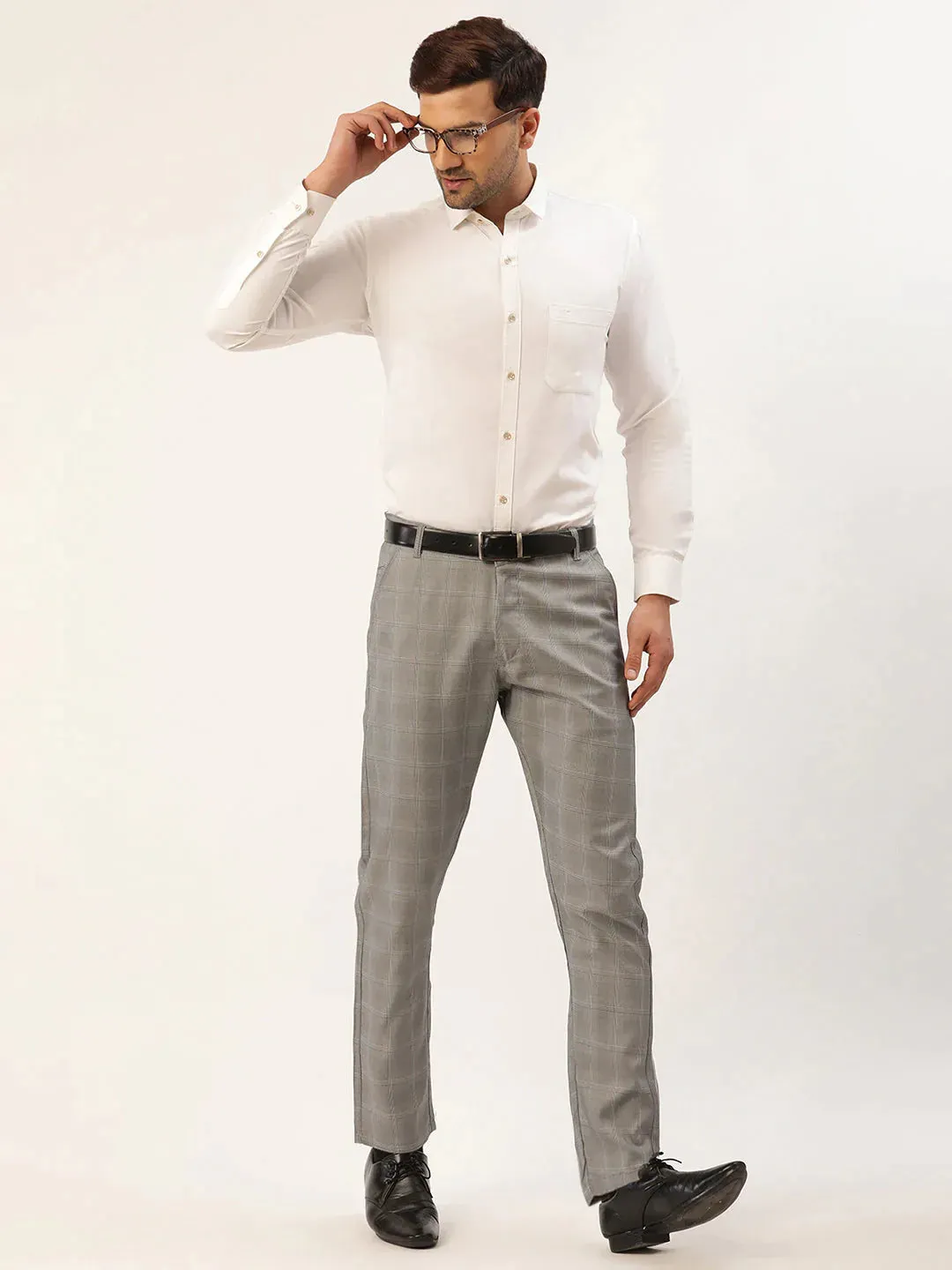 Men'S Grey Window Checked Formal Trousers