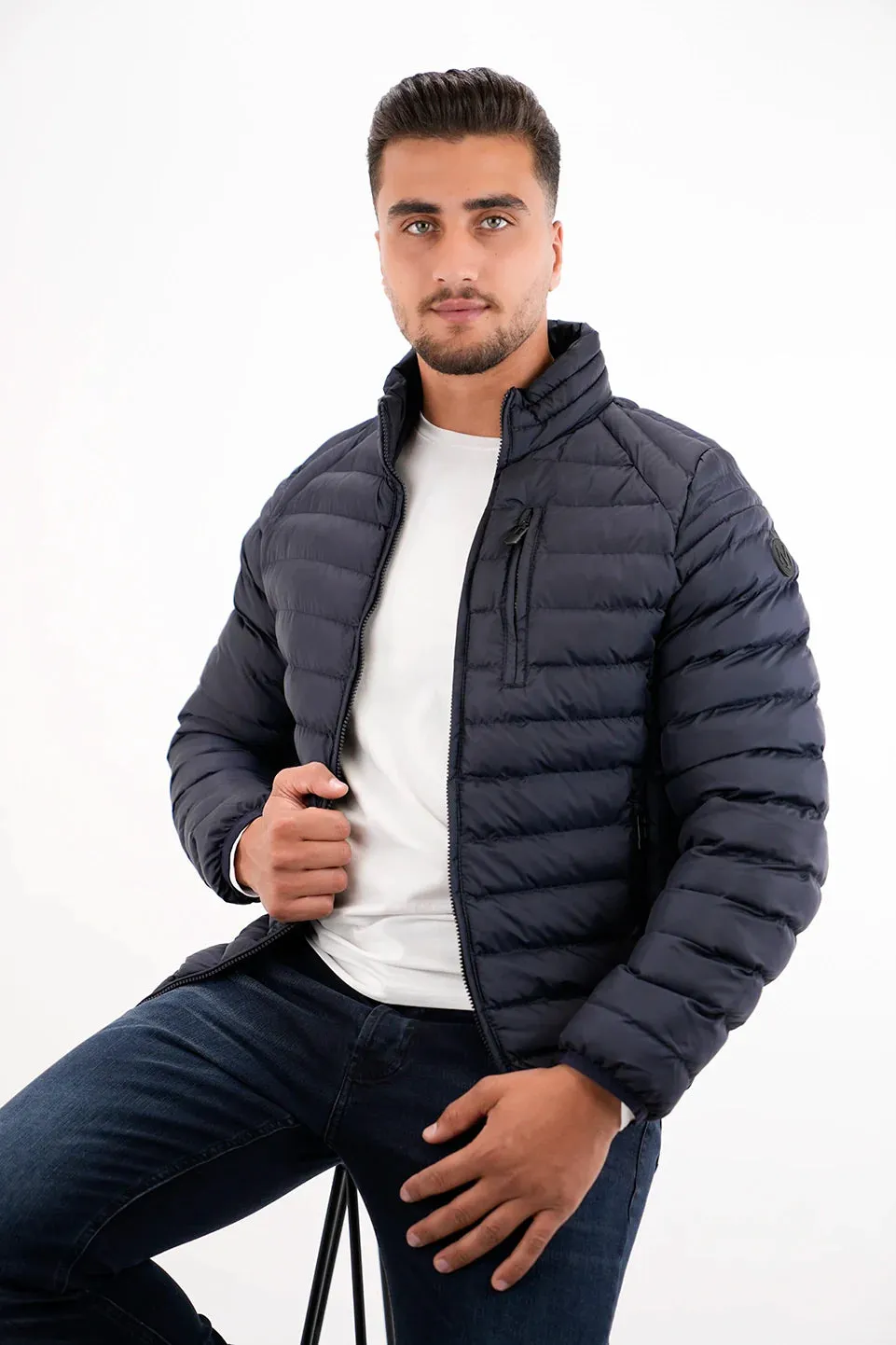 Navy Puffer Jacket With Zipper Design