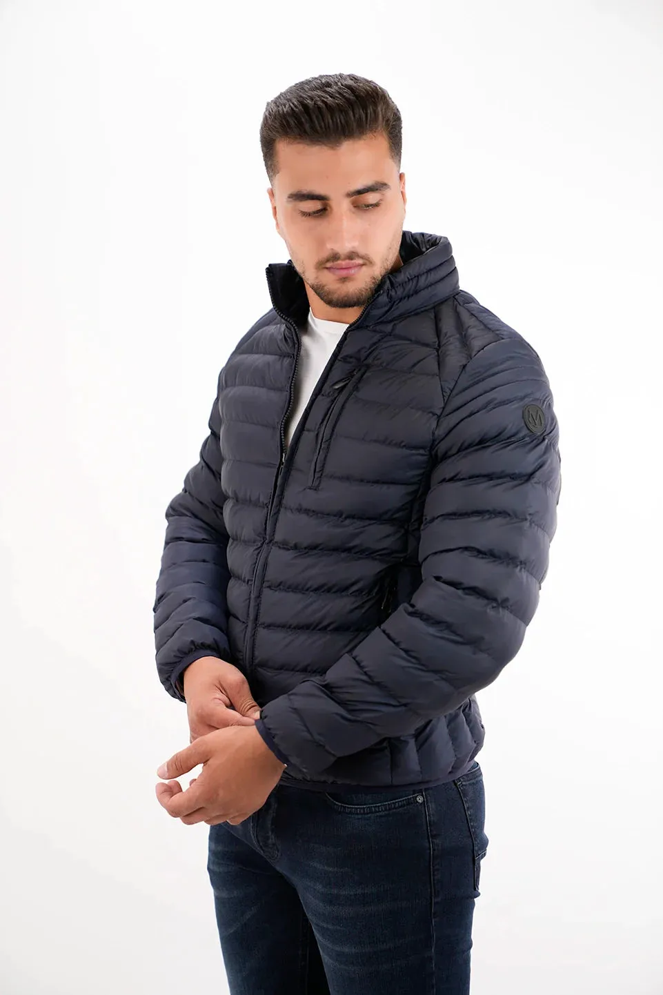 Navy Puffer Jacket With Zipper Design