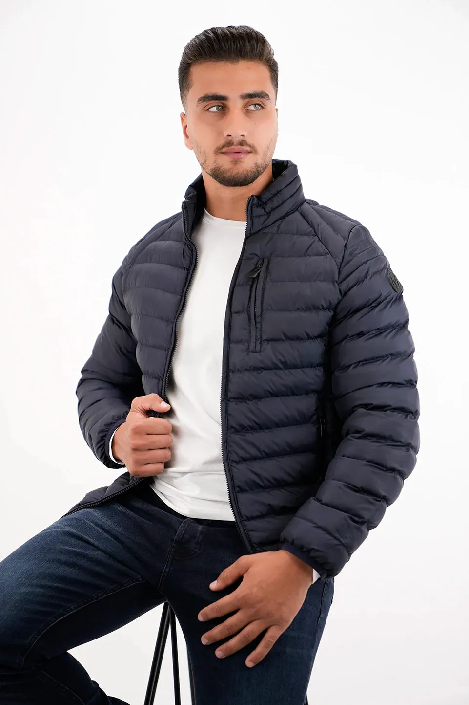 Navy Puffer Jacket With Zipper Design